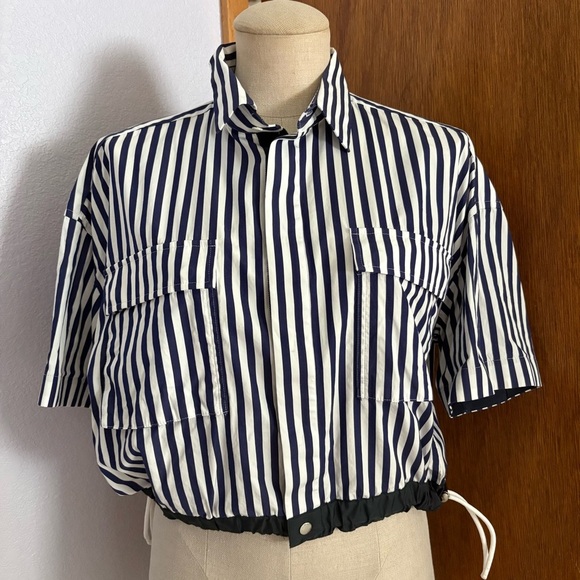 SACAI x Thomas MASON sz 2 S Striped Cropped Shirt Short Sleeve White Blue - Picture 12 of 15